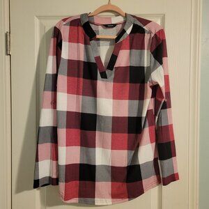 Womens Basic Casual V Neck Plaid Print Cuffed Long Sleeve Top